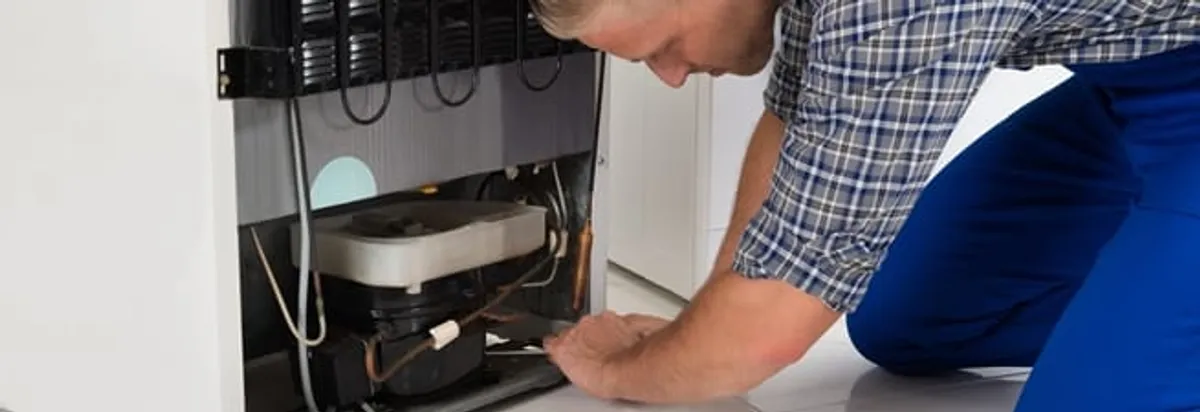 Refrigerator repair technician servicing the compressor and condenser area in Tampa, FL